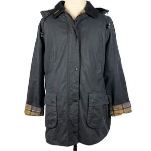 Barbour Beadnell Waxed Jacket Womens 18 2XL Navy Tartan Removable Hood $453